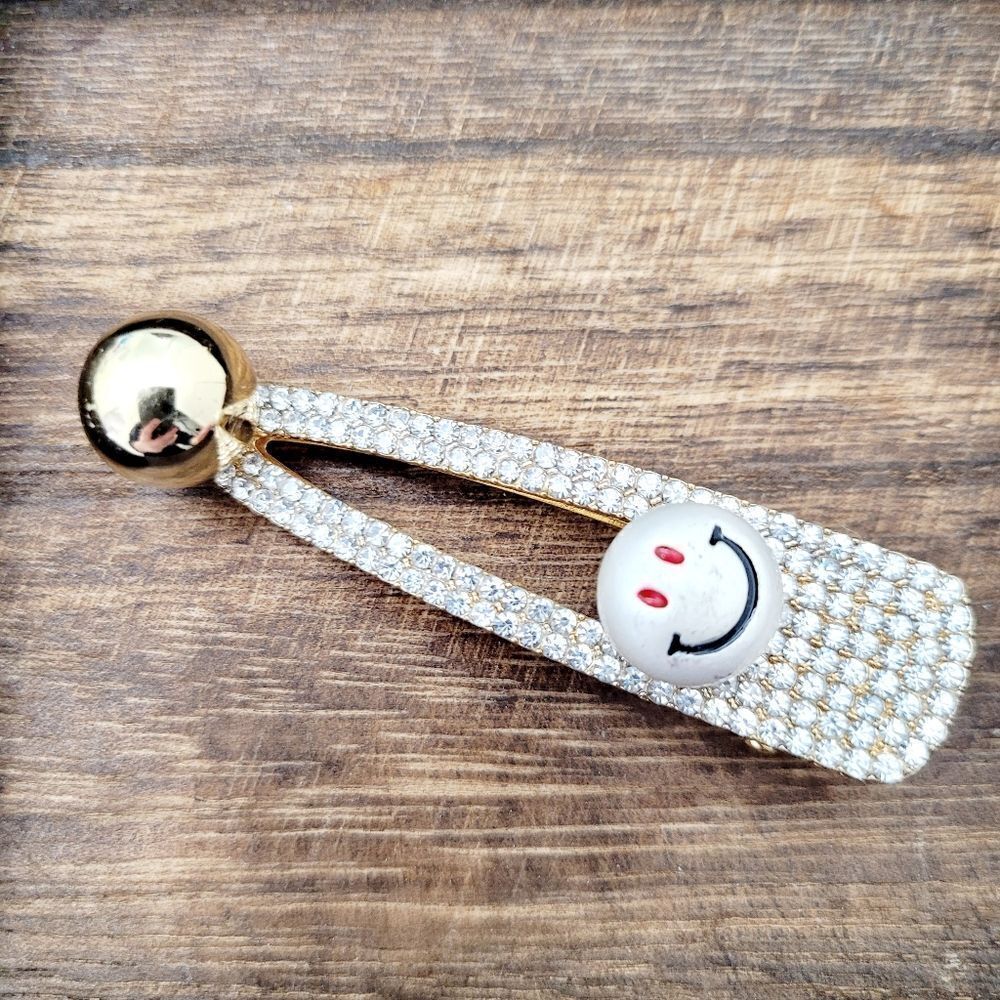 2/$20 Brand New Gold Tone Rhinestone Smiley Face Hair Clip